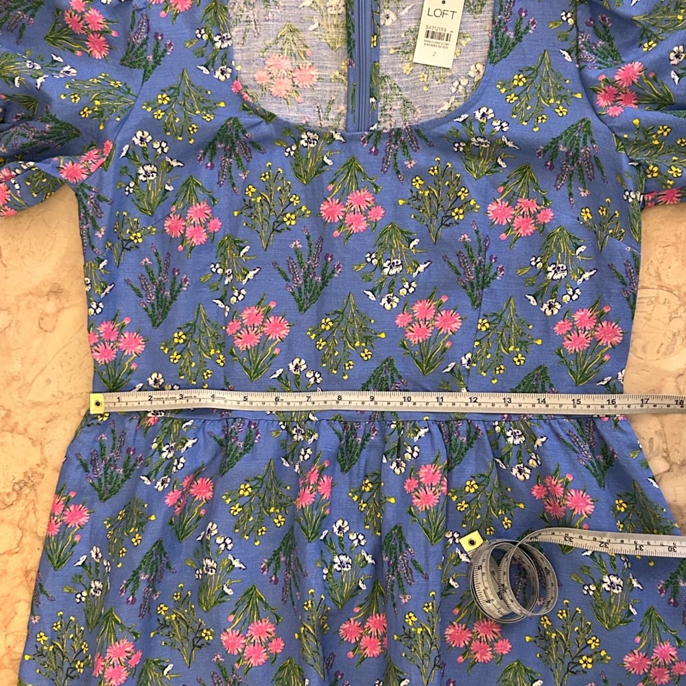 NWT LOFT Size 2 Floral Babydoll Dress Puff Sleeve Blue Linen Cottagecore - Picture 6 of 12